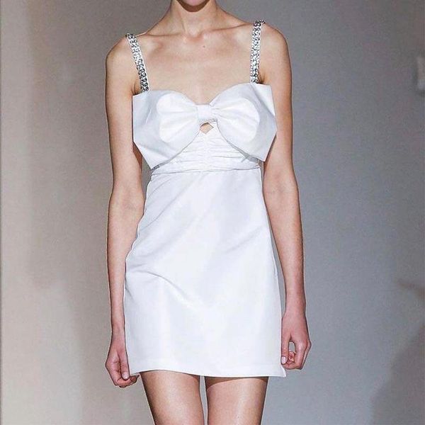 

casual dresses women beadings sling mini dress 2021 fashion halter bowknot pleated sleeveless backless rhinestone suspender fairy white, Black;gray