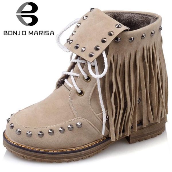 

boots dropship chic big size 43 winter fringes rivets shoelaces wearable sole ankle booties shoes women, Black
