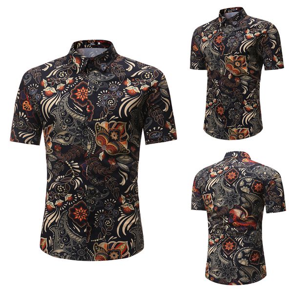 

summer 2021 new men's casual fashion all-match trend bottoming shirt stand-up collar slim short-sleeved flower shirt, White;black