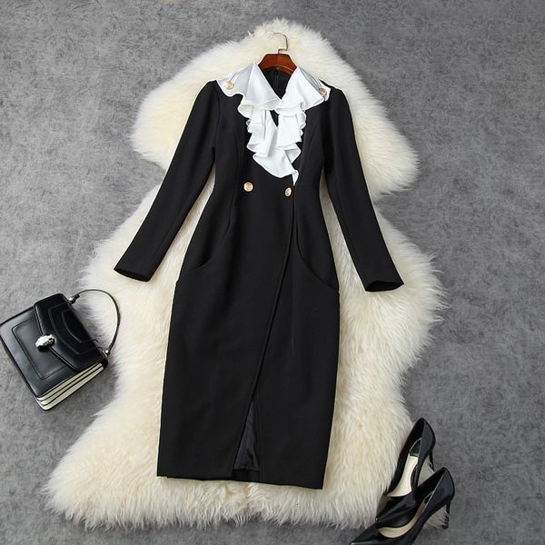 

2021 new quality ruffle v-neck high waist autumn women fishtail party dress vintage office work package hip dresses i8wm, Black;gray