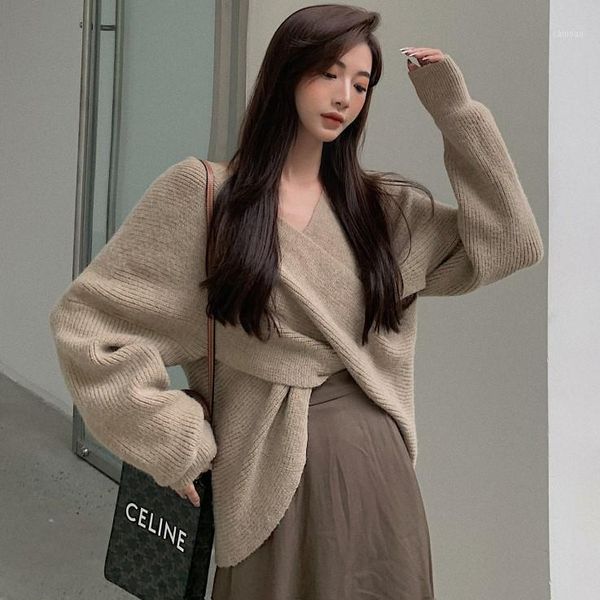 

women's sweaters autumn 2021 cross v-neck pullover t-shirt loose casual korean long sleeve sweater wear, White;black