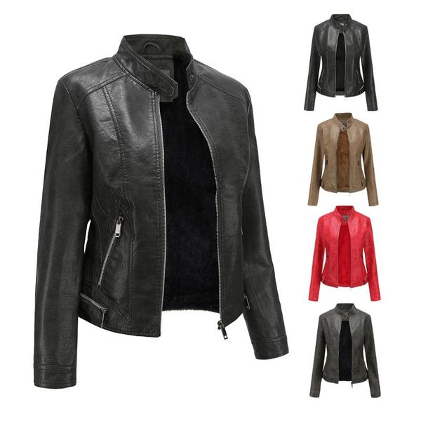

women's leather & faux autumn and winter washed velvet women's jacket, sanded worn jacket, Black