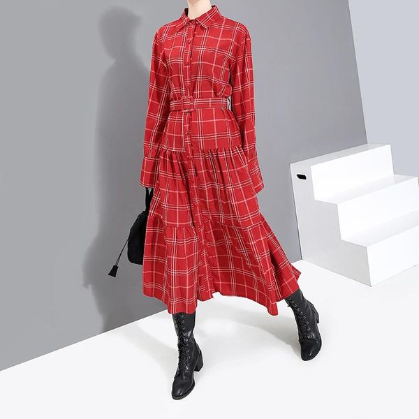 

casual dresses women red plaid printed long temperament dress lapel sleeve loose fit fashion tide spring autumn 2021, Black;gray