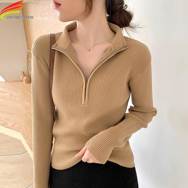 

new 2021 autumn winter sweater women turn-down collar zipper up rib knitting sweaters pullovers khaki white black ladies