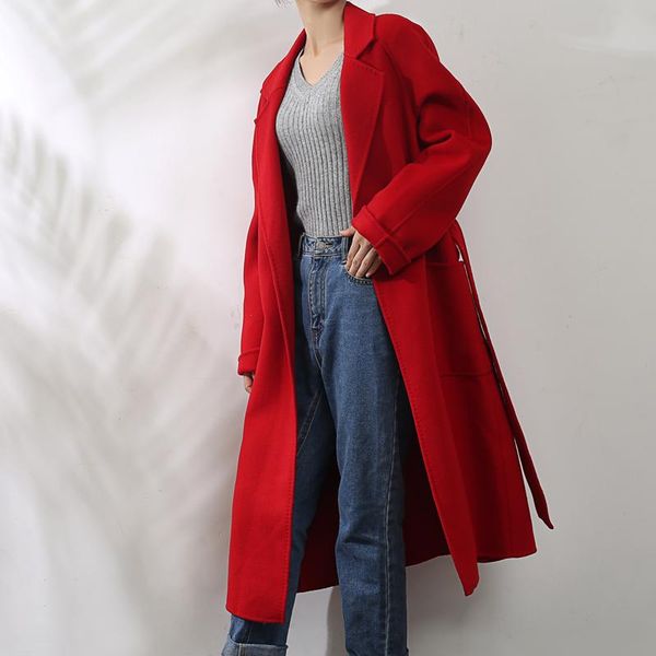 

women's wool & blends 2021 winter 100% coat female autumn long casaul korean woman clothes belt outerwear jackets for women wpy4180, Black