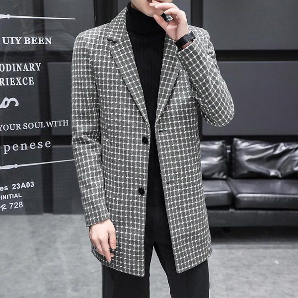 

men's wool & blends mens tweed coat autumn winter long thick warm jacket trend versatile casual lattice blend luxury abrigo largo hombr, Black