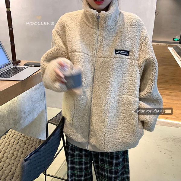 

women's jackets [ewq] autumn winter female round neck with edge stitching solid loose multi pocket woolen coat lamb fur plus size coats, Black;brown