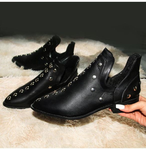 

boots woman 2021 women ankle winter rivet big size 43 for autumn pointed toe shoes fashion female low heel footwear, Black