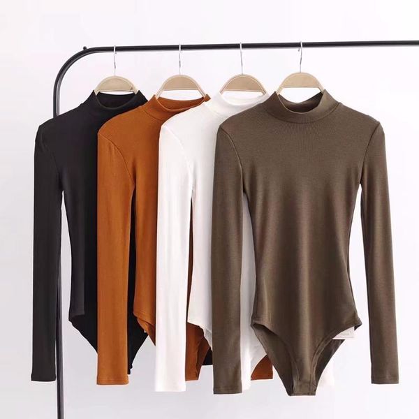 

women's jumpsuits & rompers long sleeve tight overalls base t-shirt slim fit one-piece female jumpsuit half-high collar thin bodysu, Black;white