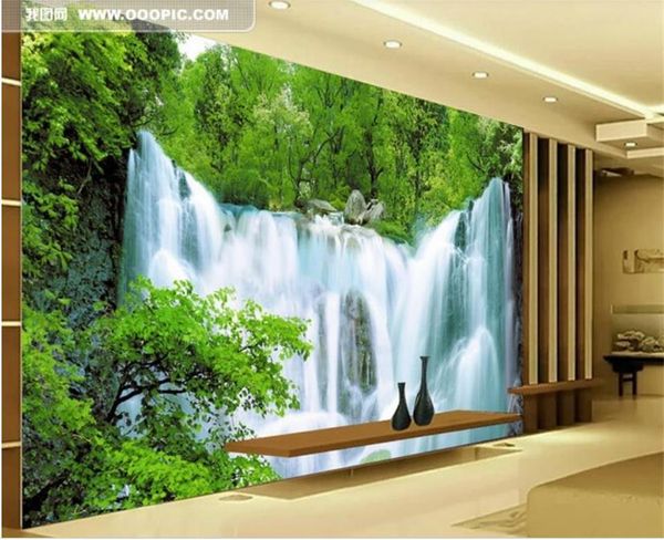 

wallpapers custom size 3d po wallpaper mural living room green tree landscape waterfall picture sofa tv backdrop for wall