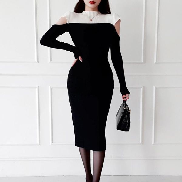 

casual dresses 2021 spring women knitted dress autumn evenign party stand collar off shoulder slim bodycon sweater longuette, Black;gray