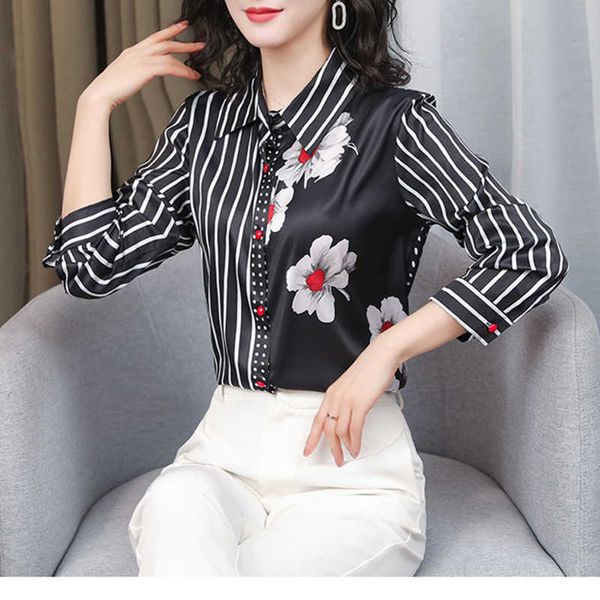 

silk shirt women long-sleeved blouses black polo-neck striped classic printed woman plus size blouse office lady 210604, White