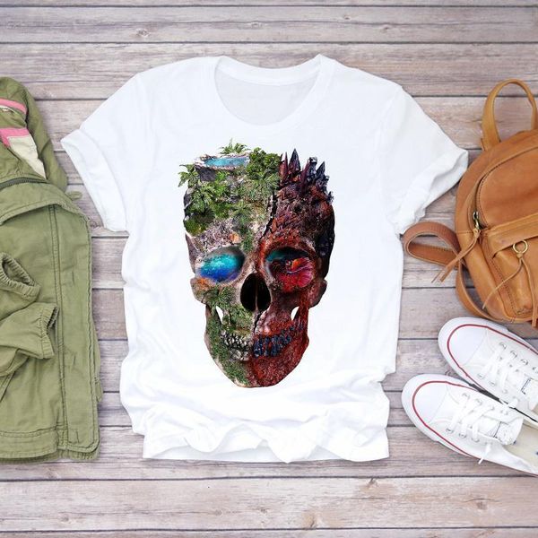 

women 2021 skull floral horror 90s cute short sleeve printed lady t-shirts t shirt ladies womens graphic female tee t-shirt, White