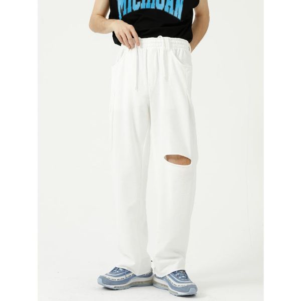 

men's pants fanan 2021 summer product loose solid color trousers simple wide-leg straight with holes, Black