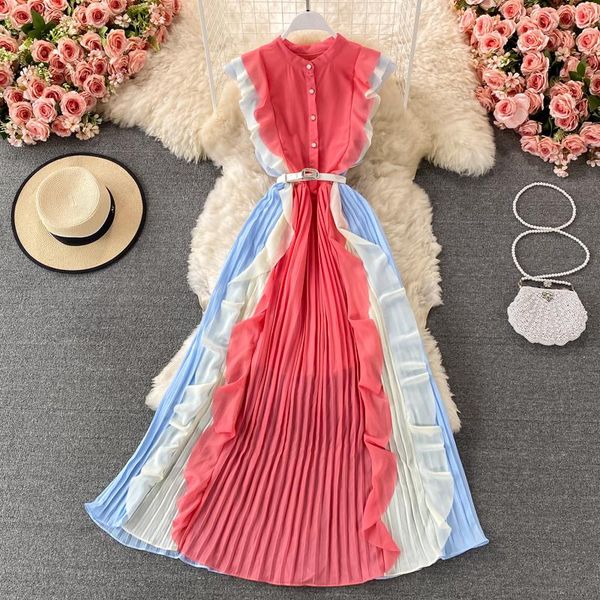 

casual dresses bohomian chiffon dress women summer stand collar color matching ruffled slim long maxi pleated holiday vestidos, Black;gray