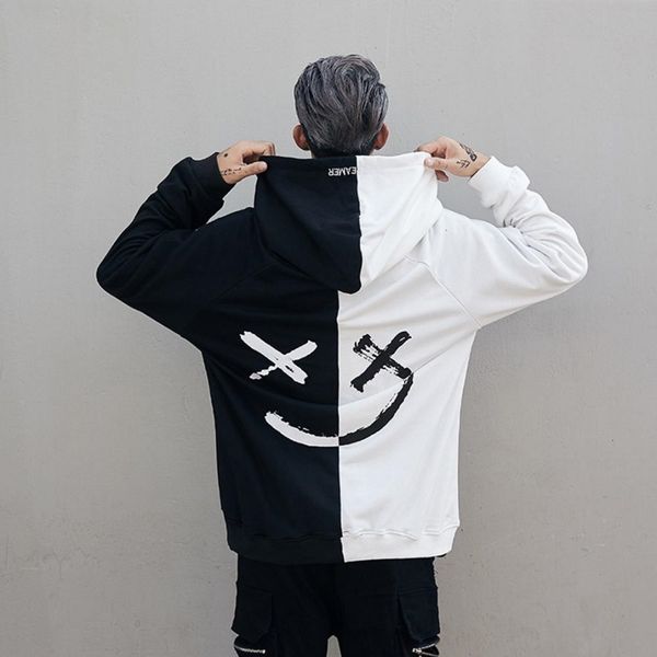 

2021 New Men Sweatshirts Happy Smiling Face Print Headwear Hoodie Women Patchwork Hoodies Hip Hop Streetwear Hooded 1ost 3JWP, Black