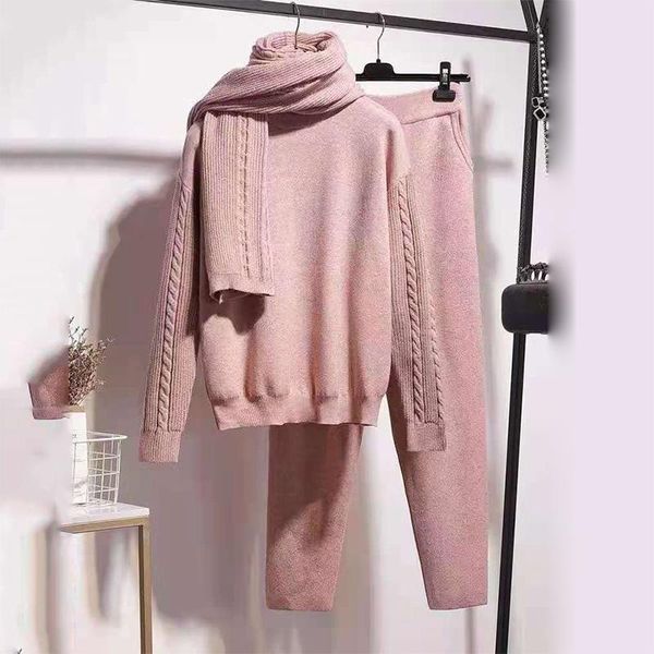 

women's two piece pants pullover+knitted pants+knitted scarf 3 sets women pink casual korean o neck knitted outfit solid harem suit, White