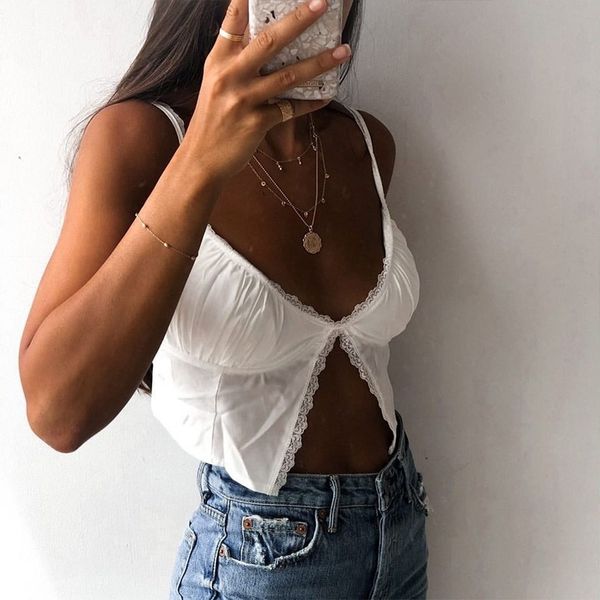 

Sleeveless White Lace Floral Split Crop Tops Female Vest Backless Sexy Camisole Solid Cropped Top Underwear, Black