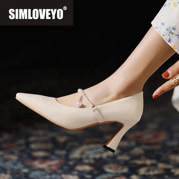 

dress shoes simloveyo 2021 women pumps square toe 7.5cm block heels buckle pearl elegent classic big size 48 casual date beige a3834, Black