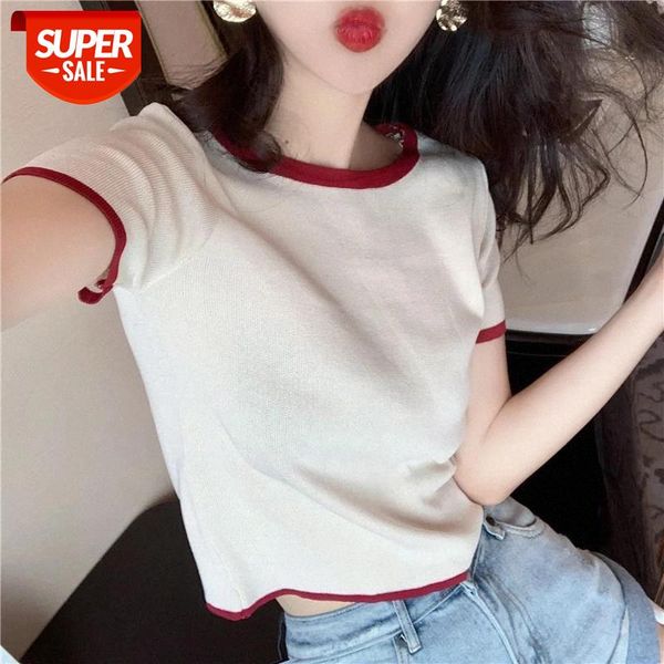 

women korean style t-shirt white red patchwork short sleeve cropped summer basic tee wdc5021 #3d1h