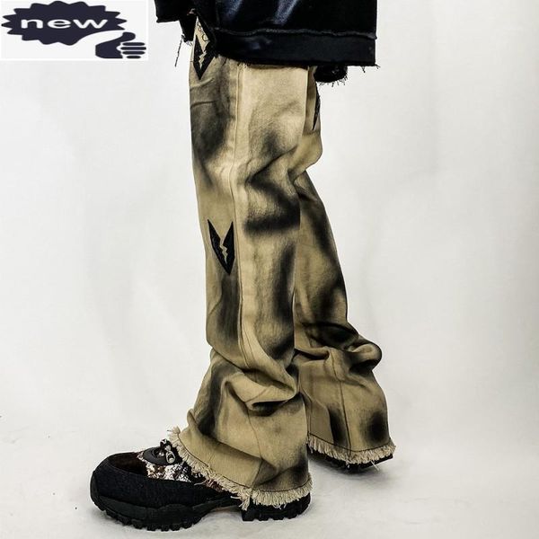 

high street mens long graffiti printed jeans vintage hip hop tassels flare loose cowboy trousers harajuku man denim pants men's, Blue
