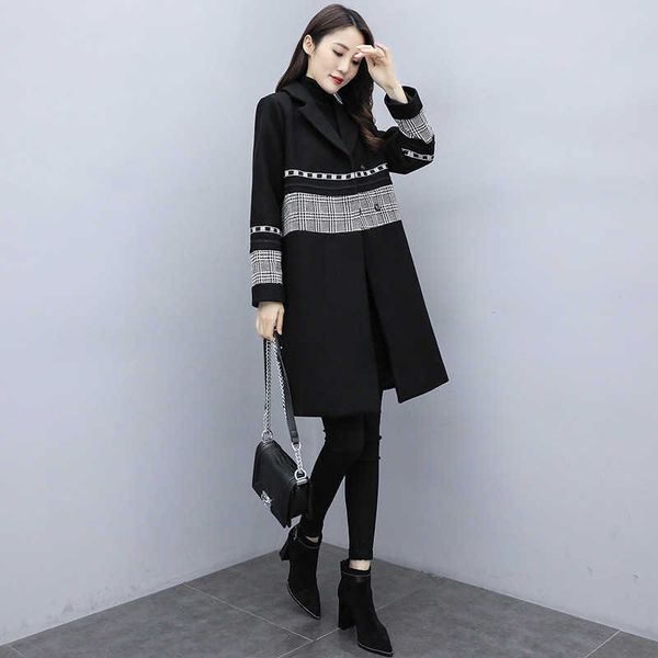 

spring woolen coat women's versatile medium length 2021 and autumn korean loose plaid wool, Black