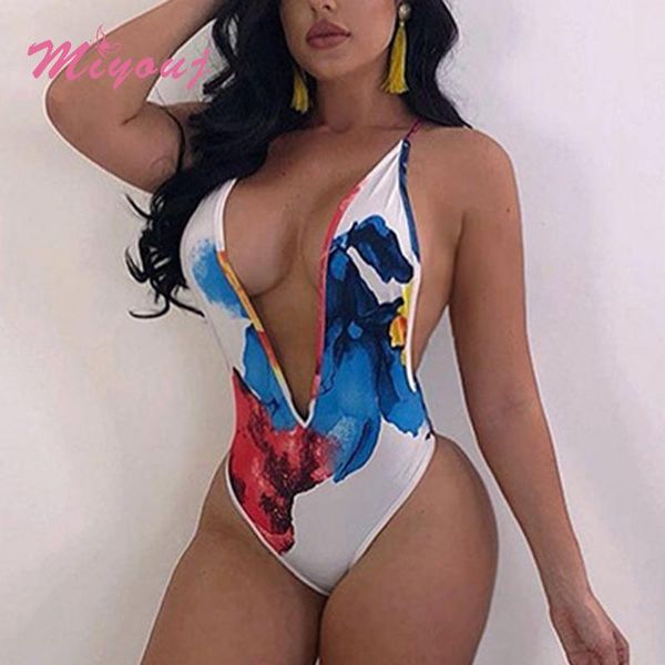 

deep v neck bodysuit patchwork print swimsuit halter women swimwear bandage one piece suits high wasit brazilian beachwear
