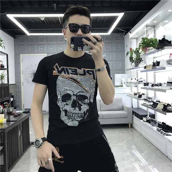 

2021 arrival personality short-sleeve men's skulls in popular neck-neck cotton shirt hip hop brand new 1sbp, White