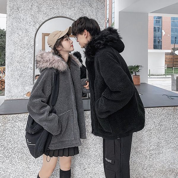 

2021 New Winter Lamb Jacket Men's Warm Fashion Retro Casual Fur Collar Hooded Parka Men Clothes Streetwear Loose Short Coat Mens 8fo2, Black