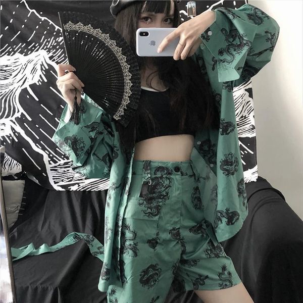 

loose shirts short set chinese women tracksuits dragon style casual shorts clothes sets fashion, Gray