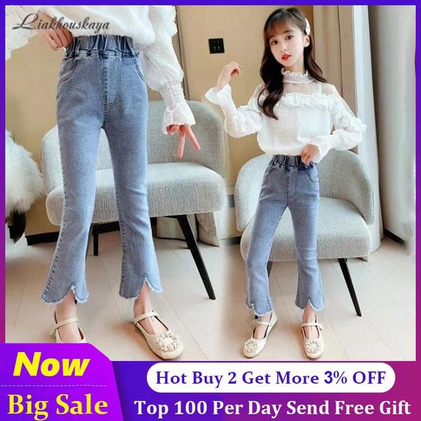 

jeans spring autumn casual denim for girls elegant wide-legged pants children sweet stretch lovely kids trousers design, Blue