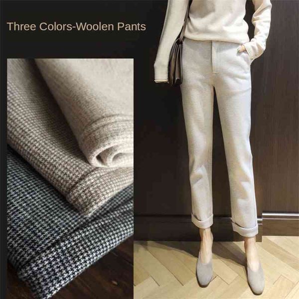 

women's jeans plaid woolen pants autumn winter cropped trousers high waist simple flanging harem women bottoms 7eta, Blue