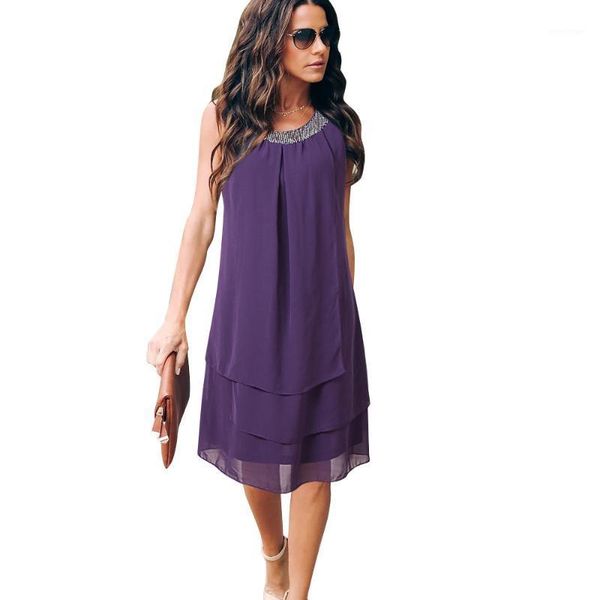 

plus size chiffon summer dresses women sequined sleeveless loose ruffles ruched boho party dress casual vestidos 2021 solid, Black;gray