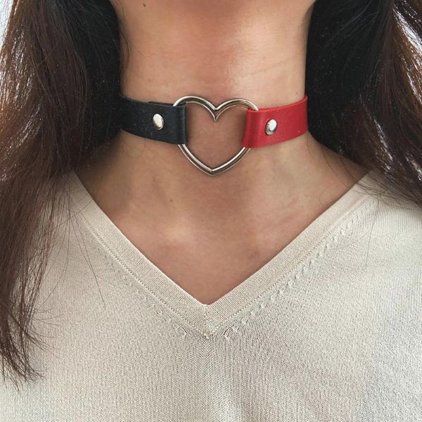 

chains ghidbk punk two tone pu leather stitching cool metal heart short necklaces goth handmade adjustable snap button collar, Silver