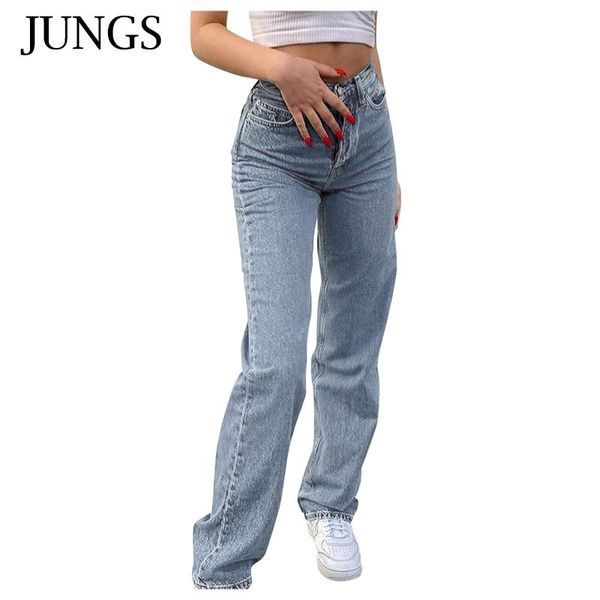

women's jeans trousers for women loose classic style korean fashions streetwear denim washed teenager straight leg pants, Blue
