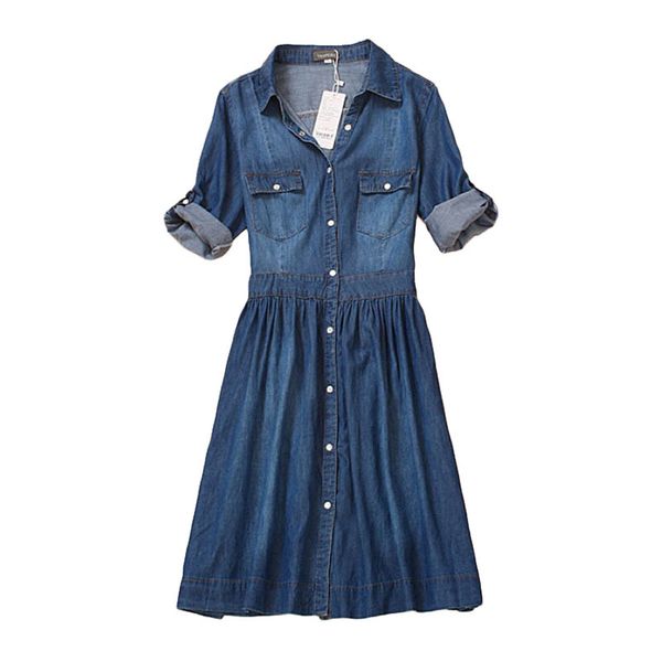 

women knee length denim dress autumn clothing plus size blue jeans dress elegant spring slim casual cowboy dresses vestidos x0521, Black;gray