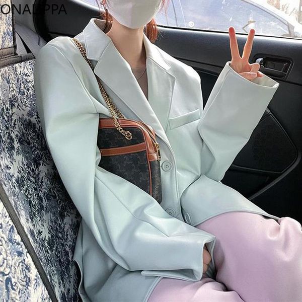 

women's jackets onalippa pu leather jacket ladies retro temperament 2021 autumn korean chic lapel loose versatile three button long-sle, Black;brown
