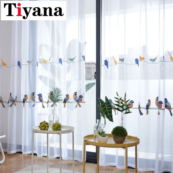 Tende di lino in cotone con disegno di uccelli ricamati per soggiorno camera da letto Tulle bianco Tende trasparenti Tende per finestre P432X Y200421
