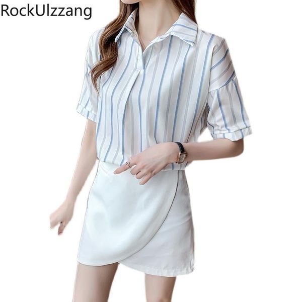 

women's blouses & shirts short sleeve turndown neck striped shirt ladies summer office work business blouse women chiffon blusas plus s, White