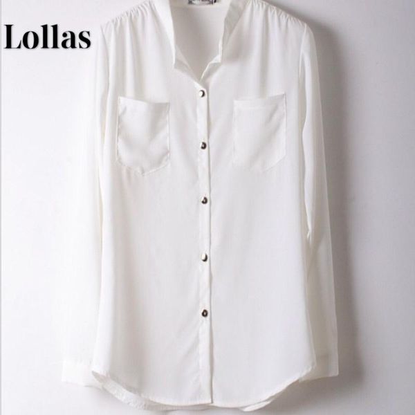 

standing collar metal button chiffon long sleeve shirt, White