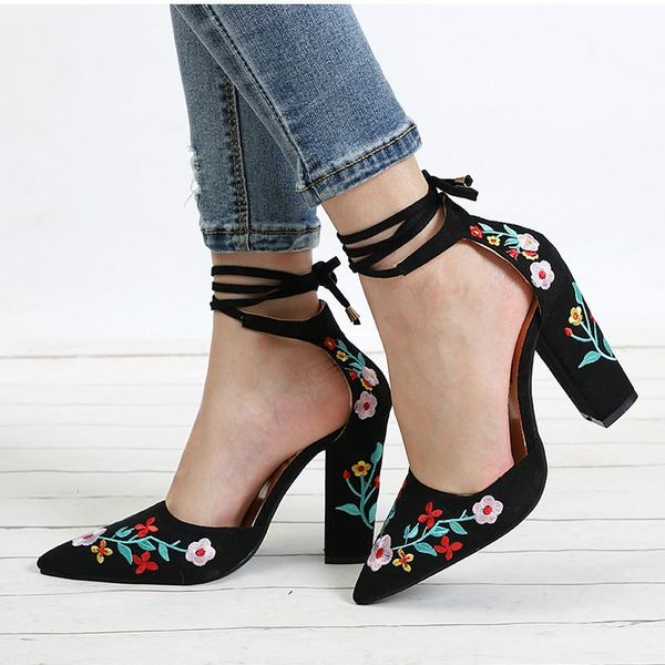 

dress shoes drop women high heels embroidery pumps flower ankle strap female two piece party wedding pointed toe, Black