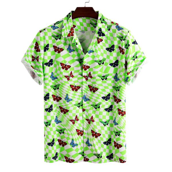 Hawaiian Checkered Camisa Mens Funny Borboleta Impresso Manga Curta Fluorescente Verde Branco Camisas De Manta Homens Roupas Coreanas 210527