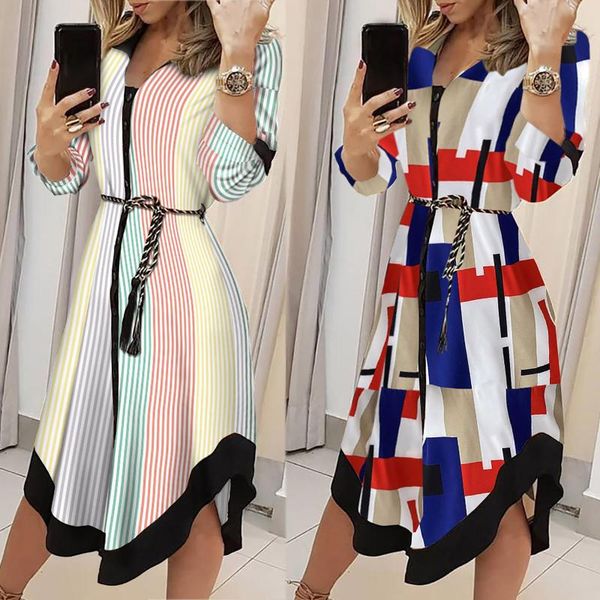 

casual dresses fashion womens dress lapel splicing printing summer loose long sleeve waist strap shirt for women 2021, Black;gray