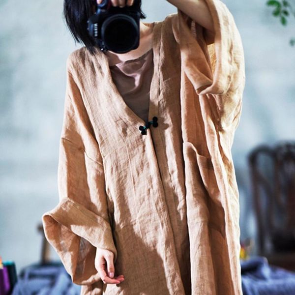 

women's trench coats plus size retro woman coat japanese kimono cardigan causal cotton and linen loose long outer clothing, Tan;black