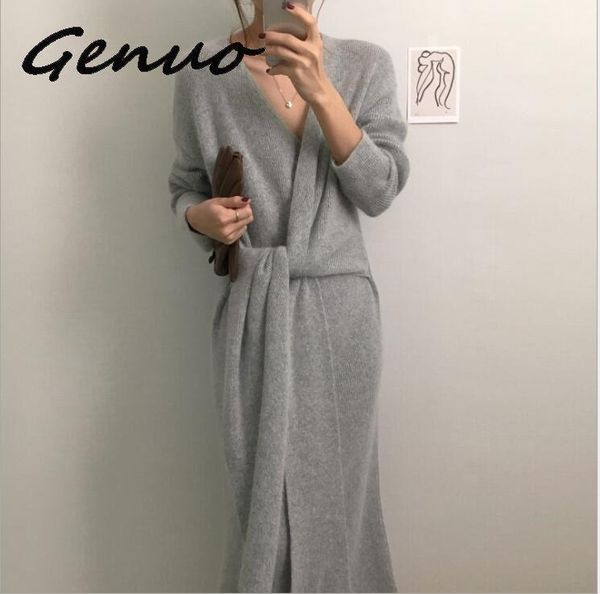 

casual dresses genuo korean belted long sweater dress women solid soft warm knitted female elegant v neck sleeve vestidos, Black;gray