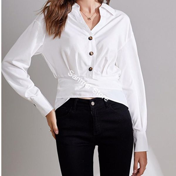 

2021 new 100% tencel blusa branco decote em v rendas manga longa senhora escritrio s incio do outono camisa feminina com botes ic2e, Black