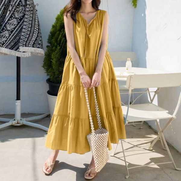 

casual dresses summer sundress women bohemian sleeveless ruffles dress zanzea solid party beach vestidos femme robe sarafans, Black;gray
