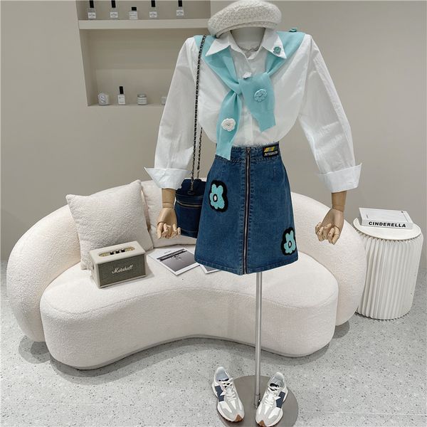 

spring summer women's fashions manga crochet wool shirt shawl denim skirt three pieces together mtm0, White