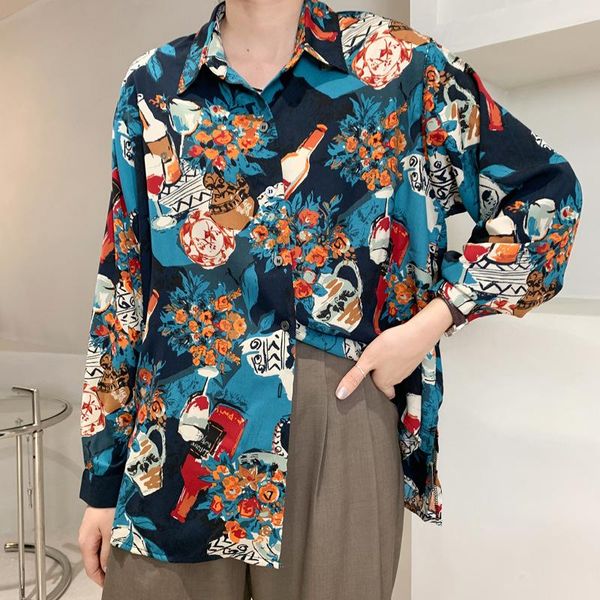 

lux angner 2021 autumn new retro hong kong style shirt female korean version loose thin print long-sleeved shirt clothes, White