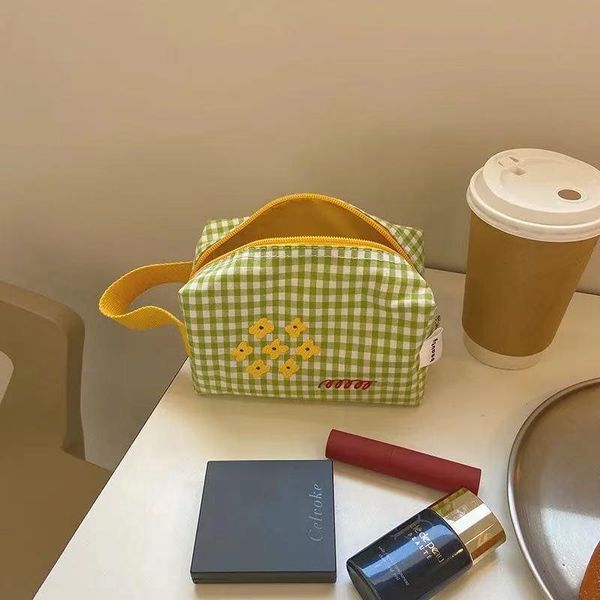 

cosmetic bags & cases korean ins style green grid women fashion large clutch handbag double side heart flower pattern makeup storage bag